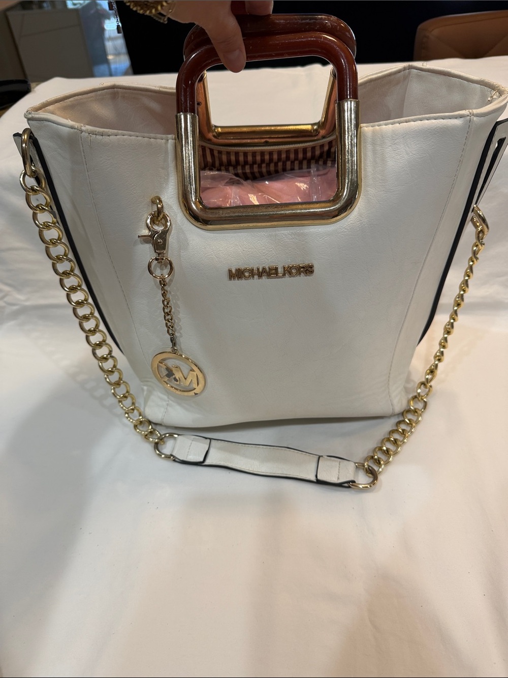 Michael Kors White Leather Tote with Gold Chain and Wood-Accent Handles
